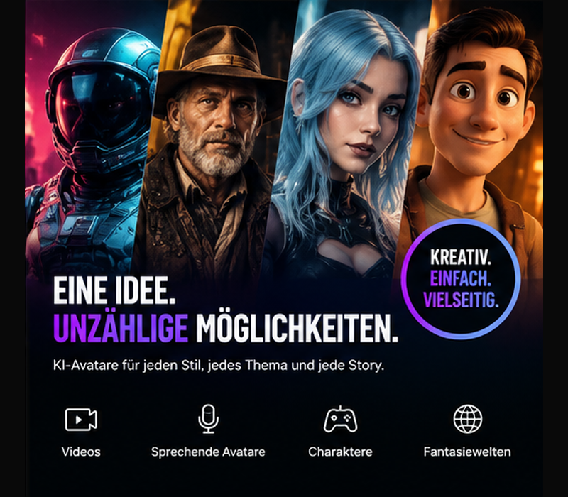 Vier unterschiedliche KI-Avatar-Charaktere für Videos und Social Media