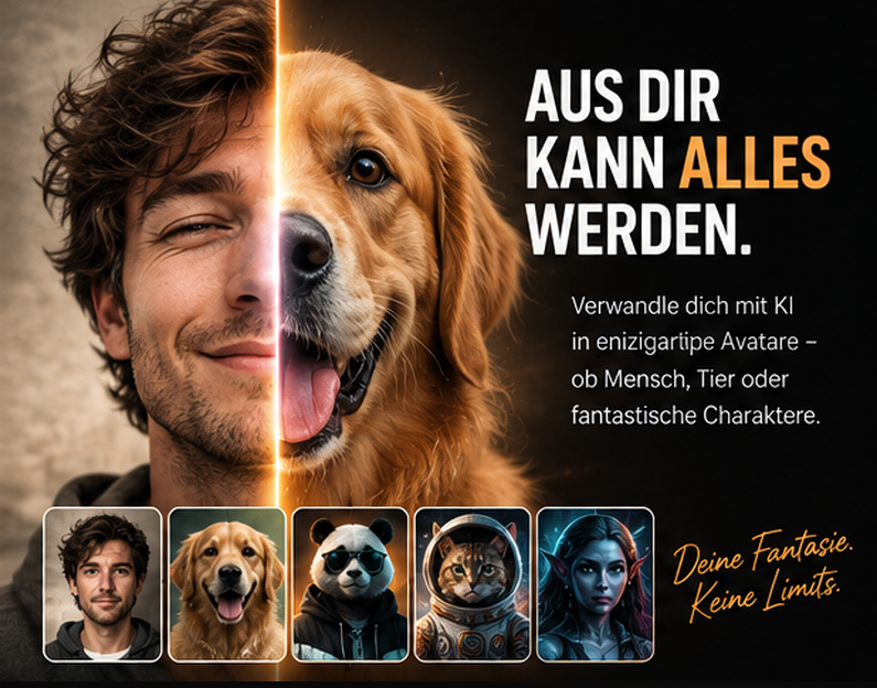 Ein Mensch und sein Avatar als Hund: KI-Avatare als Tier oder Fantasiefigur