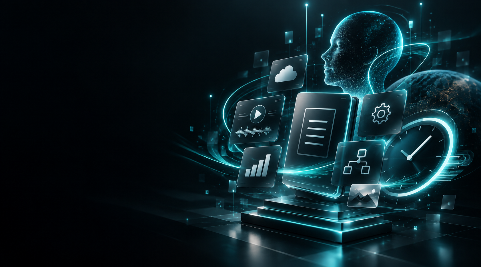 Digitale Werkzeuge und KI als leuchtende Oberflächen rund um ein digitales Profil