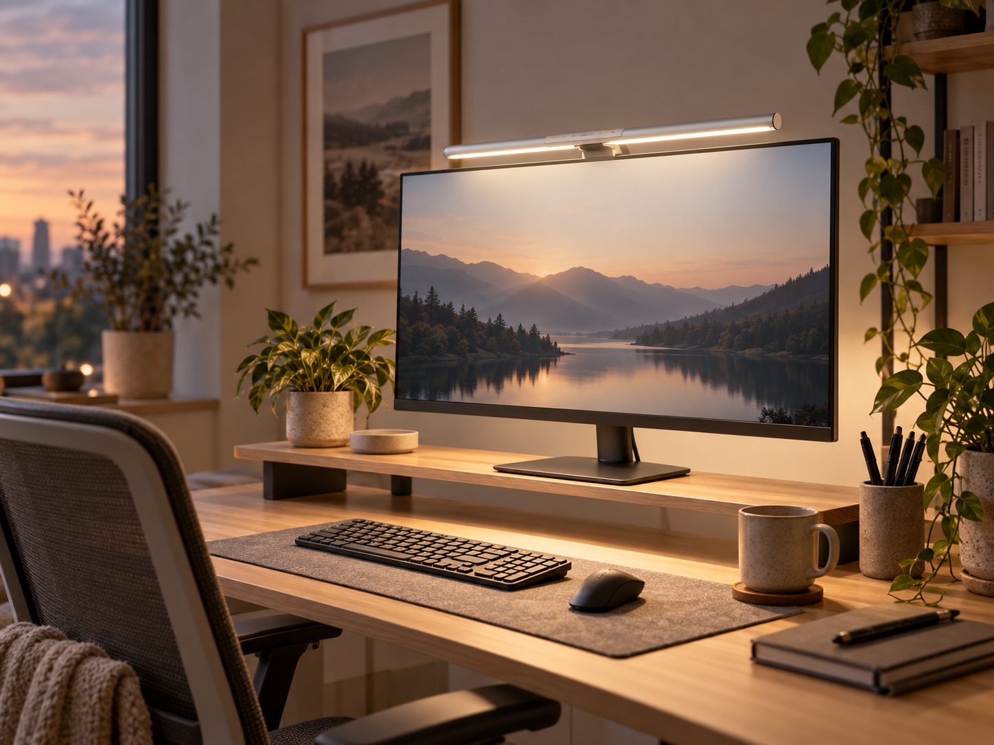 BenQ ScreenBar Pro montiert an einem Monitor im hellen Homeoffice
