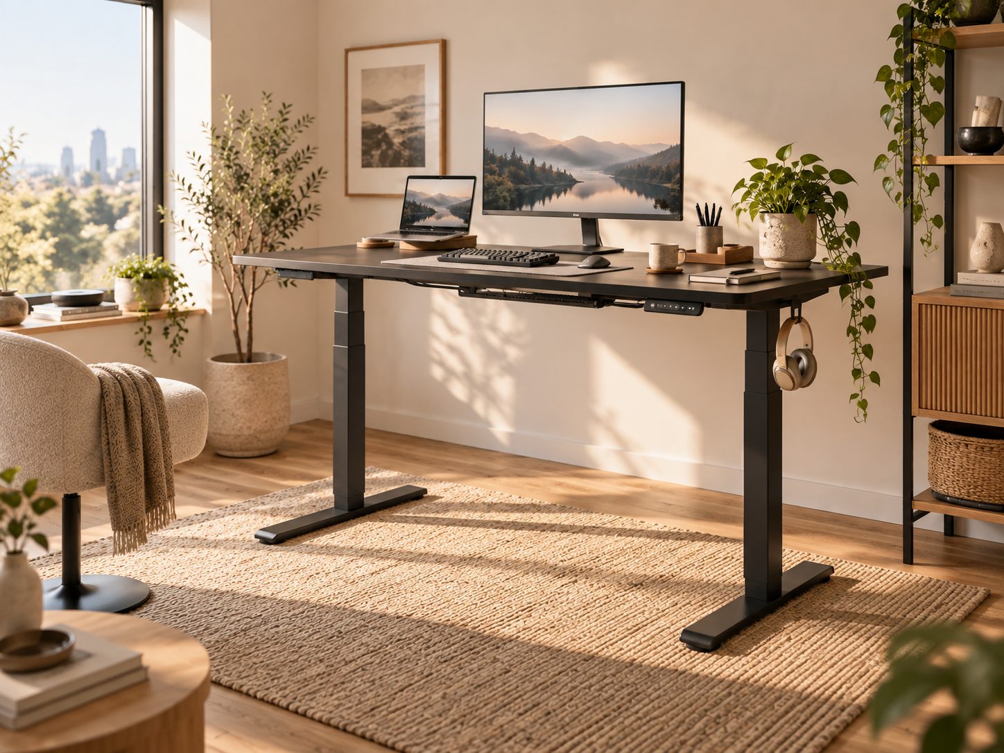 FLEXISPOT elektrisch höhenverstellbarer Schreibtisch in hellem Homeoffice