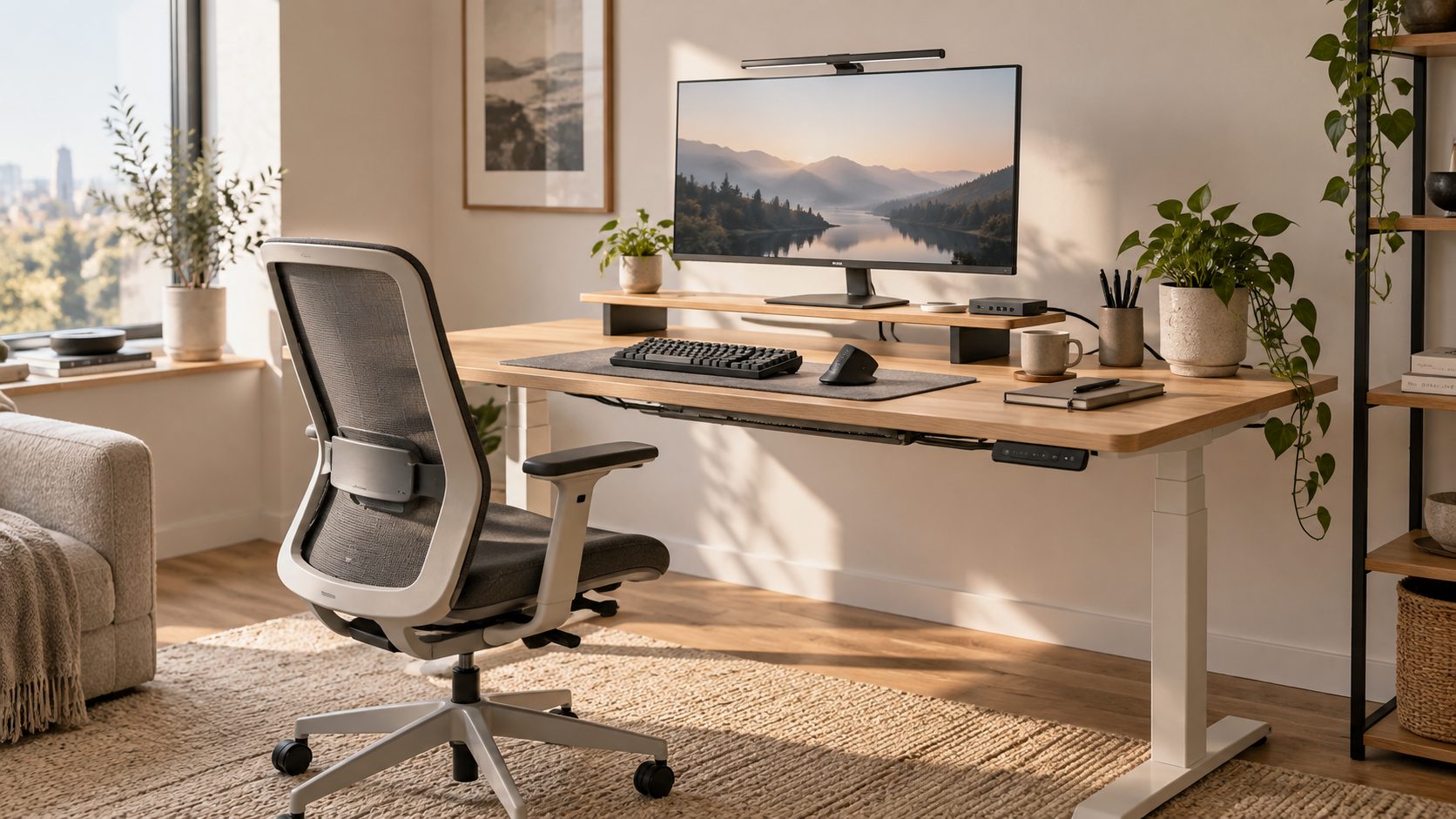 Helles, modernes Homeoffice mit Schreibtisch, Monitor, Bürostuhl und Pflanzen