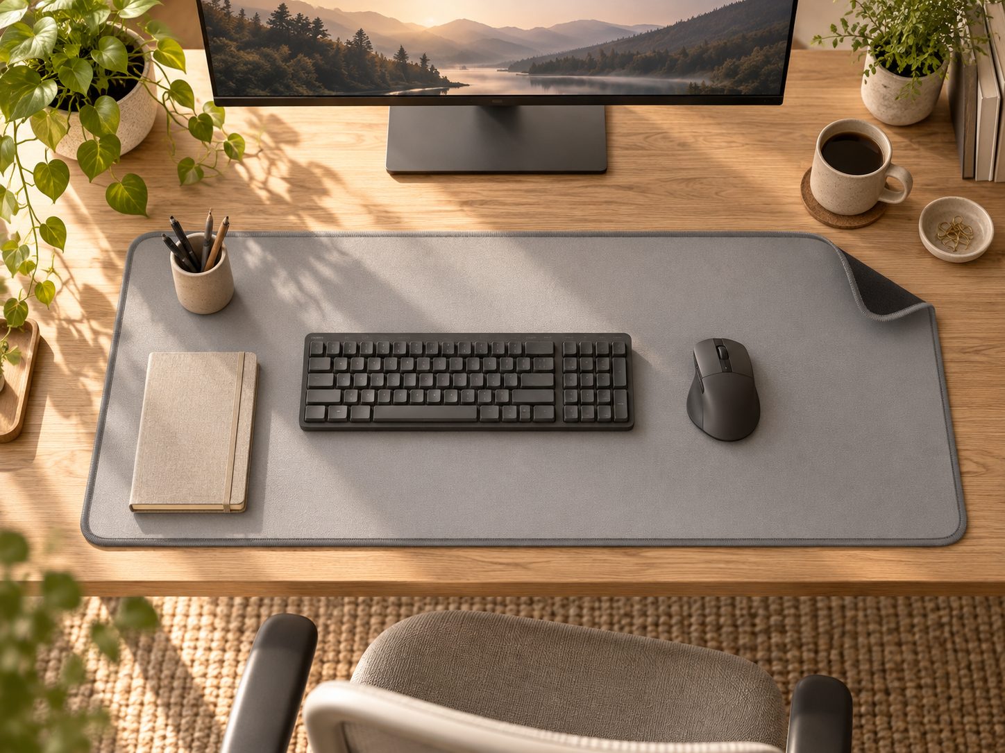 Logitech Desk Mat Studio Series mit Tastatur und Maus von oben