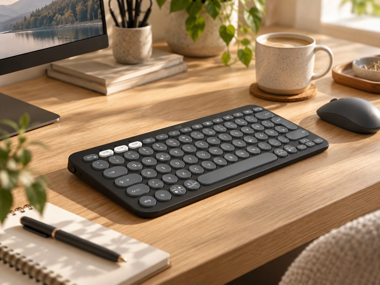 Logitech Pebble Keys 2 K380s auf einem hellen Holzschreibtisch