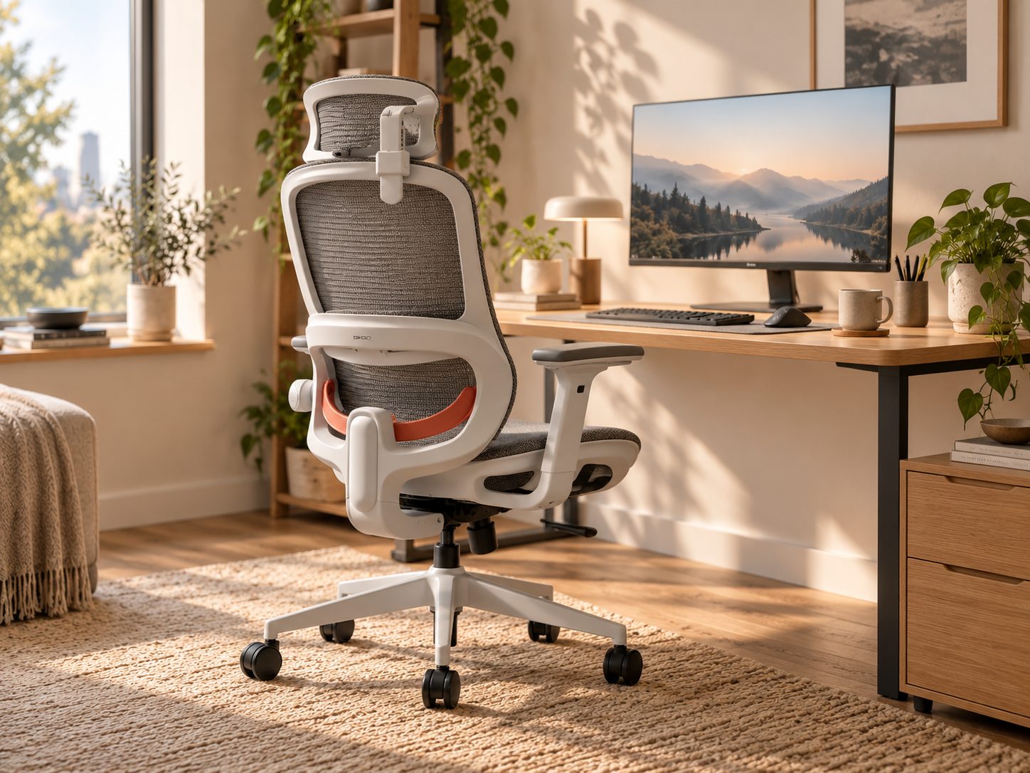 SIHOO B100 ergonomischer Bürostuhl in weiß in einem hellen Arbeitszimmer